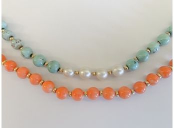 Two 14K Gold & Beaded Necklaces, Coral, Turquoise, Pearls