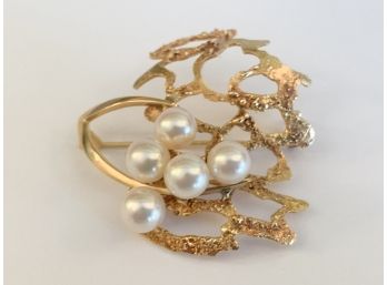 An 18K Gold Abstract And Pearl Brooch