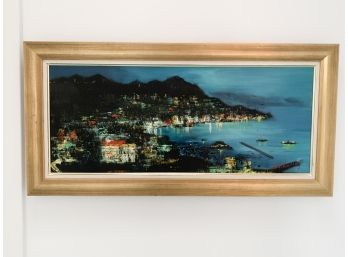 Oil On Canvas Depicting An Italian Seaside At Night