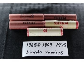 B43   Lot Of (5) Uncirculated Rolls (50) Of Lincoln Pennies 1968-D , 1969 & 1975