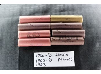 B40   (9) Uncirculated Rolls (50) Of Lincoln Pennies 1960-D , 1962-D & 1963
