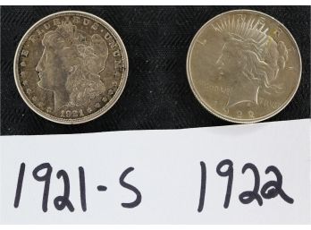 Z72   Lot Of (2) Silver Dollars 1921-S Morgan & 1922 Peace