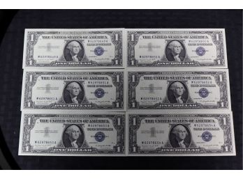 P7    Lot Of (6) Series 1957 Consecutive Serial Number One Dollar Silver Certificates