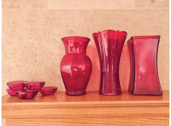 Collection Of Red Glass Vases And Bowls