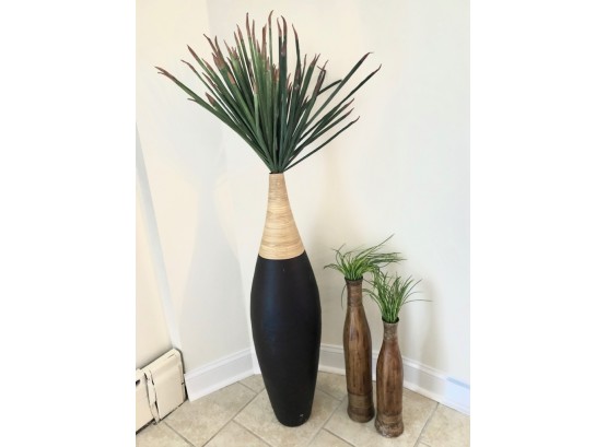 Tall Pressed Paper Vase With Accent Leaves And Pair Of Complementary Smaller Vases