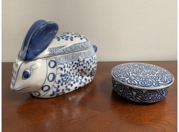 Blue & White Covered Ceramic Rabbit And Dish