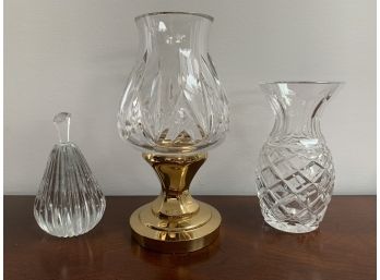 Waterford Crystal: Pear Form Paperweight, Brass And Crystal Candle Holder & Small Vase