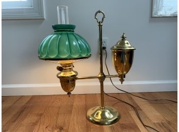Vintage Electrified Brass Student Lamp With Green Shade