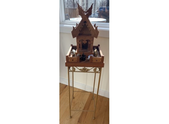 Thai Spirit House With Brass And Porcelain  Figures From Thailand
