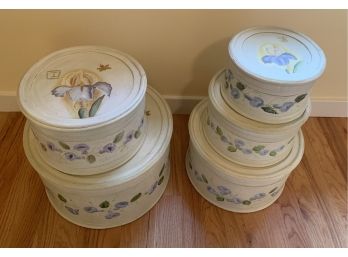 Five Wood Paint Decorated And Lined Hat Boxes