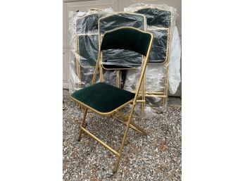 Ten  Collapsing Green Velour And Gold Painted Metal Chairs