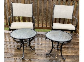 Two Brown Jordan Swivel Spring Chairs And Two Side Tables