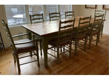 Country Farm Table With Two Drawers And Eight Rush Seat Chairs