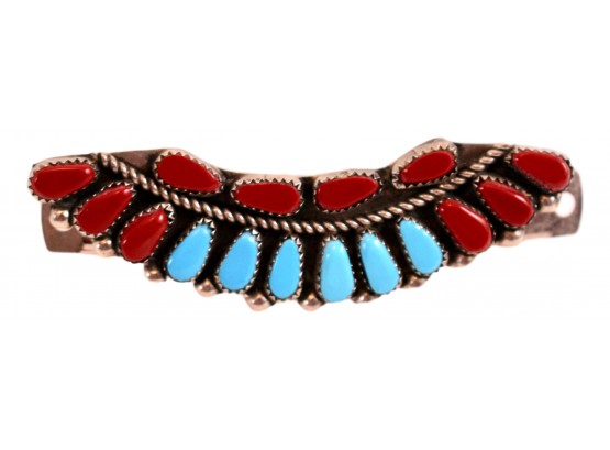 Turquoise And Coral Sterling Silver Hair Clip Barrette - 17.1 Gross