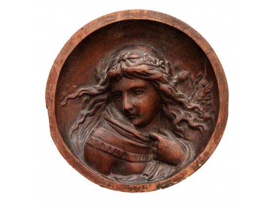French Antique Carved Wood Portrait Plate
