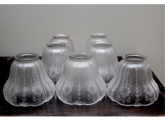 Set Of Seven Original Antique (ca. 1920's) Etched Glass Chandelier Light Shades