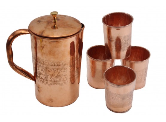 Ayurveda Copper Handmade Etched Leaf Design Pitcher With Lid And Four Cups