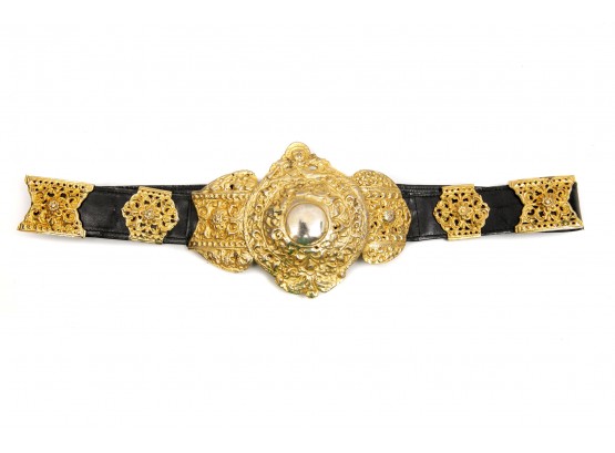 Roberta Di Camerino Italian Black Leather And Brass Belt