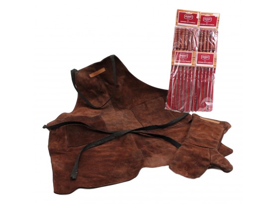 William Sonoma Suede Barbecue Apron And Mitt +Midwest Grill Skewers With Handles