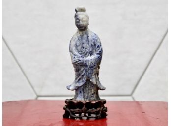 Chinese Sodalite Figurine On Carved Wooden Base