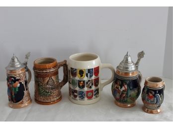 Five Vintage Ceramic Beer Steins & Mugs
