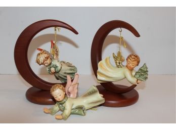 Three Vintage Hummel Angel Ornaments & 2 Wood Stands 1988 1990 & 1993