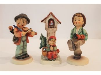 Three Vintage Hummel 5' Figurines, Little Fiddler, Globe Trotter & Worship