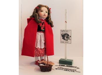 Beautiful LIttle Red Riding Hood Porcelain Doll W/ Big Bad Wolf Wood Sign