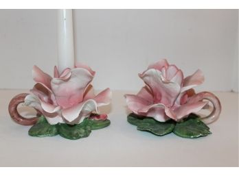 Pair Vintage Dresden Italy Capodimonte Porcelain Pink Flower Taper Candle Holders