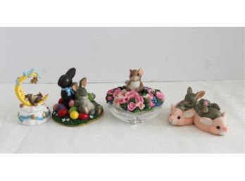 Four Fitz & Floyd Charming Tails Easter Themed Figurines And 1 Trinket Box