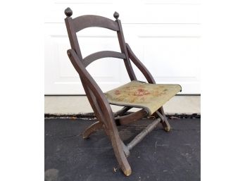 Antique Solid Wood Child Size Folding Chair W/Victorian Hand Embroidered Seat  - MILLBROOK PICKUP