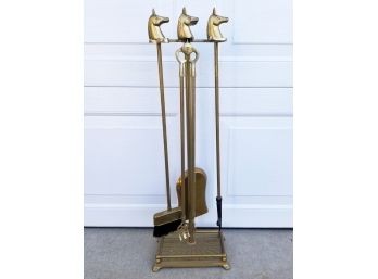 Vintage Equestrian Motif Brass Fireplace Tools Set On Stand - MILLBROOK PICKUP