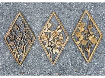 Set Of 3 MId-Century Gold Toned Floral Wall Hangings - MILLBROOK PICKUP