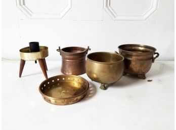 Assorted Brass & Copper Cauldrons, Tray, And Danish Modern Style Table Lampr - MILLBROOK PICKUP