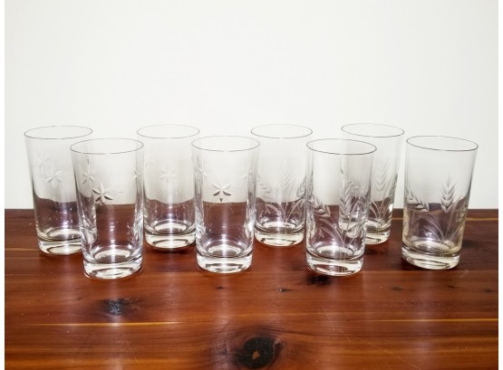 Set/8 Vintage Etched Water Glasses, Star And Wheat Patterns