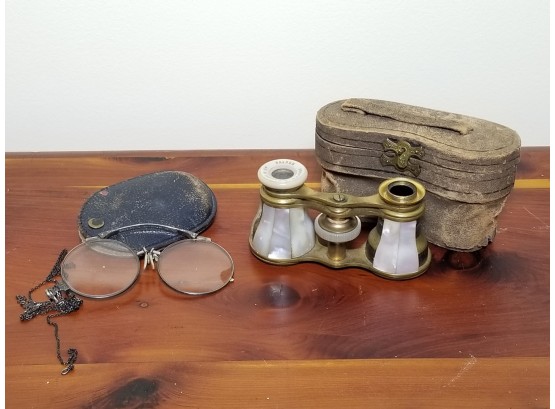 Antique Pince Nez &  Andrew Loyd & Co. Mother Of Pearl Inlaid On Brass Opera Glasses