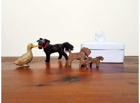 Assorted Antique Animal Miniature Figural Toys & Porcelain Horse Finial Lidded Box