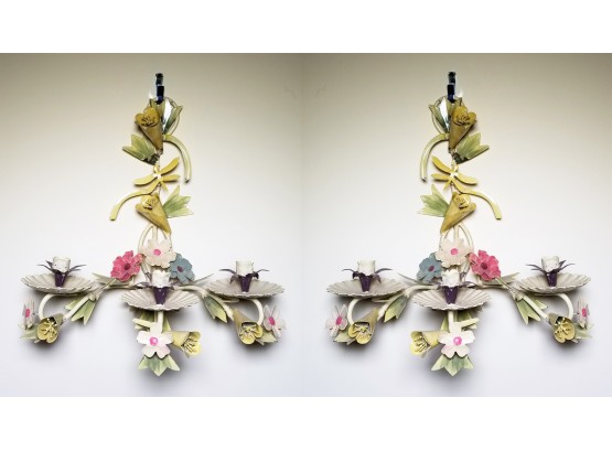 Elegant Pair Of Painted Metal Toleware Floral Wall Hanging 3 Lights Sconces