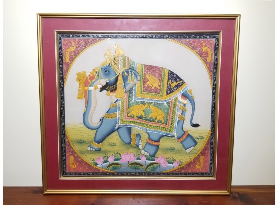 Gorgeous Framed Hindu Sacred Elephant Painted On Silk
