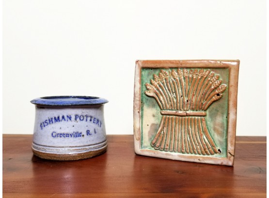 Antique Fishman Pottery Small Salt Glazed Stoneware Pot & Moravian Wheat Decorative Tile