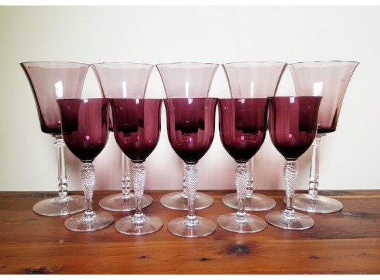 Set Of 10 Amethyst Wine Glasses With/Interesting Clear Stems