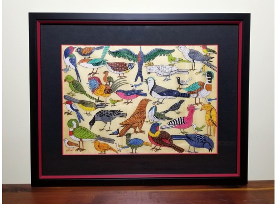 Framed Silk Printed With Illustrated Birds