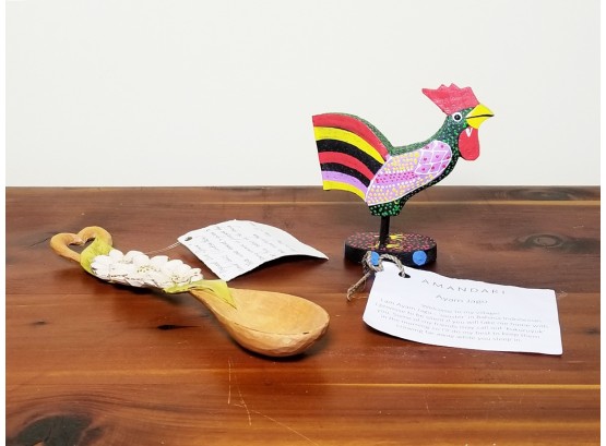 Handcrafted Folk Art Basswood Lover's Token Spoon & Balinese Rooster Figure