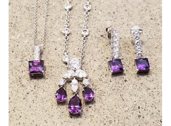 Stunning Sterling Silver, Amethyst And Clear Gems Necklaces & Earrings