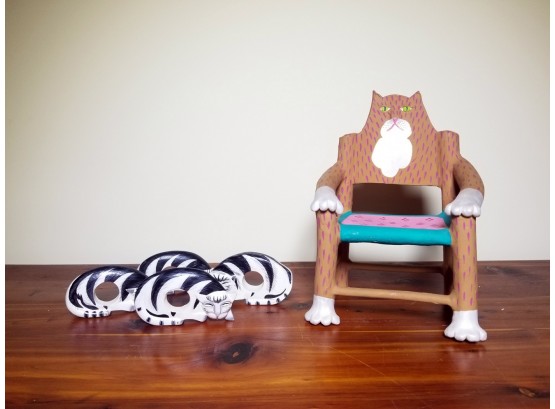 Whimsical Ceramic Painted Cat Chair And Cat Napkin Rings