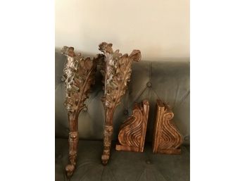 Pair Of Heavy And Ornate Wall Sconces And Wooden Book Ends
