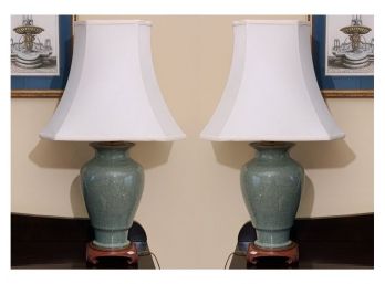 Pair Of Glazed Ceramic Lamps With Silk Trumpet Shades