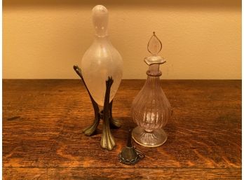 Pair Of Vintage Glass Perfume Bottles And Funnel