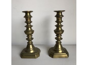 Vintage Pair Of Brass Candlesticks With Geometric Spindle