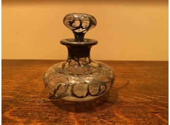Vintage Glass Perfume Bottle With Silver Detailing And Glass Stopper